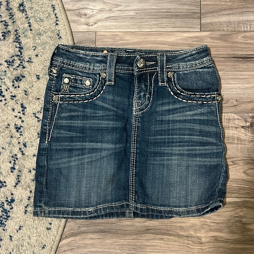 Kids Miss Me Jean Skirt White Stitching & Bling - Size 8